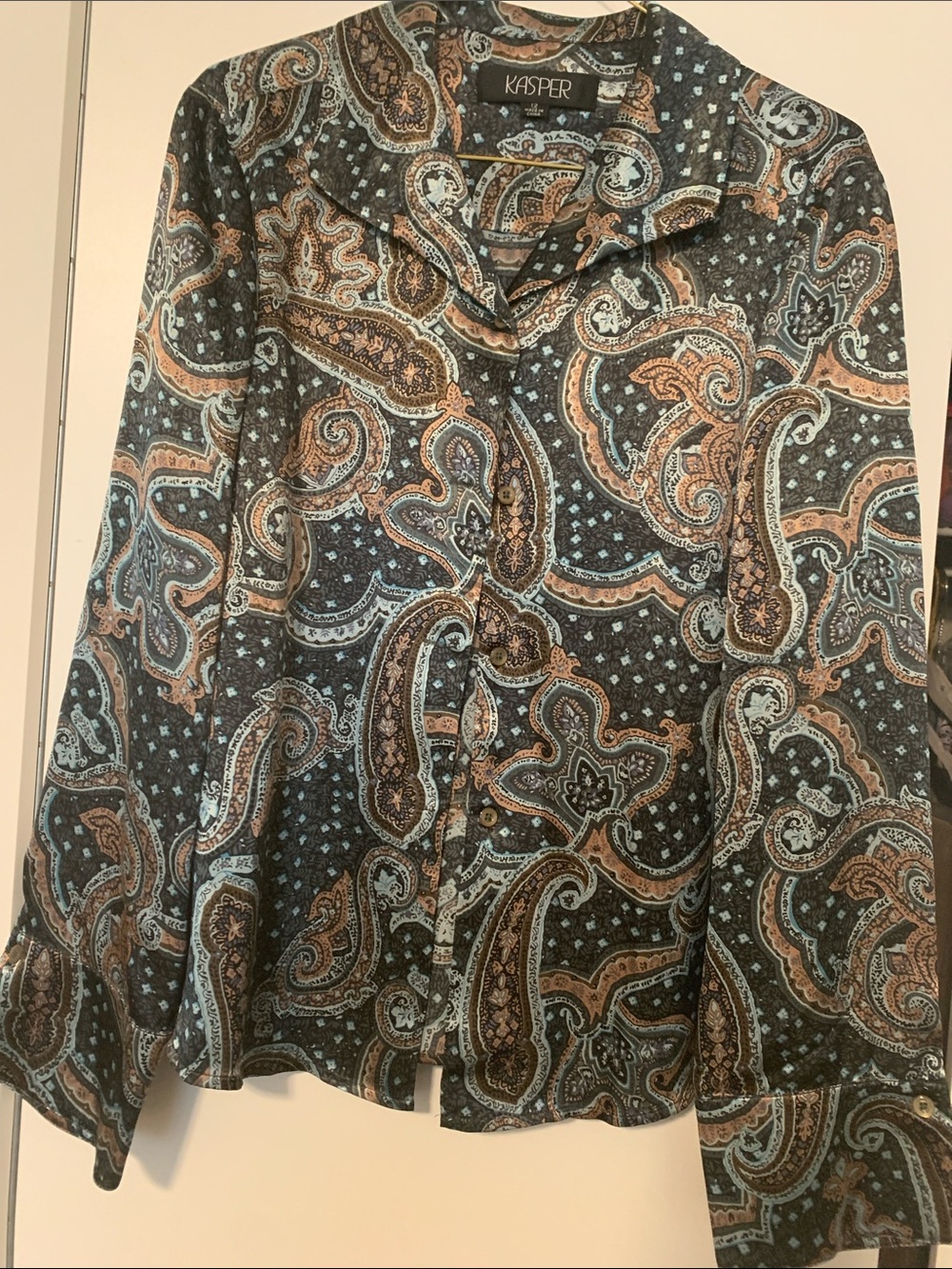 Kasper Paisley Button-Front Blouse in Teal, Brown and Cream